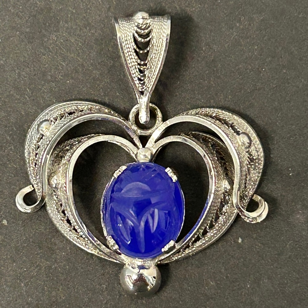 Sorrento Filigree Heart Pendant Womens Blue Excellent Sterling Silver Scarab
